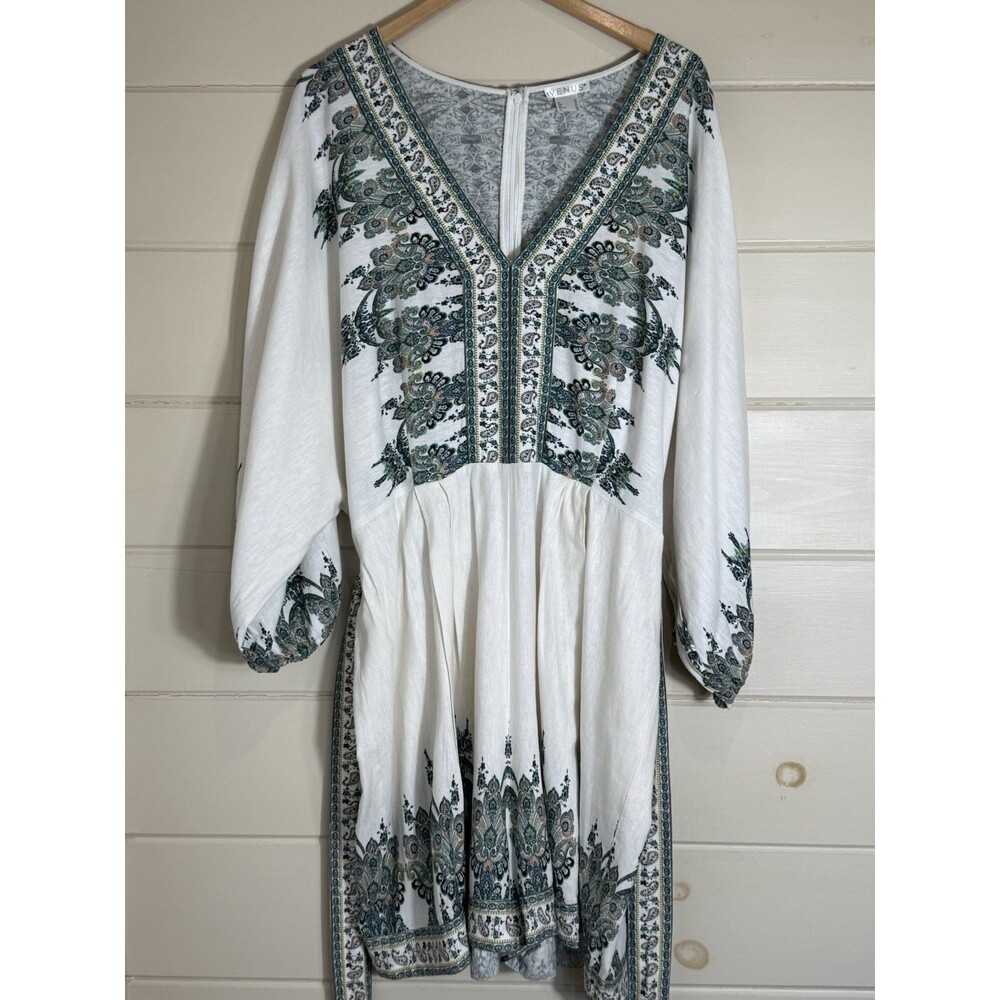 Venus Size 20 White Green Paisley Linen Blend Romper Boho Coastal Cottage